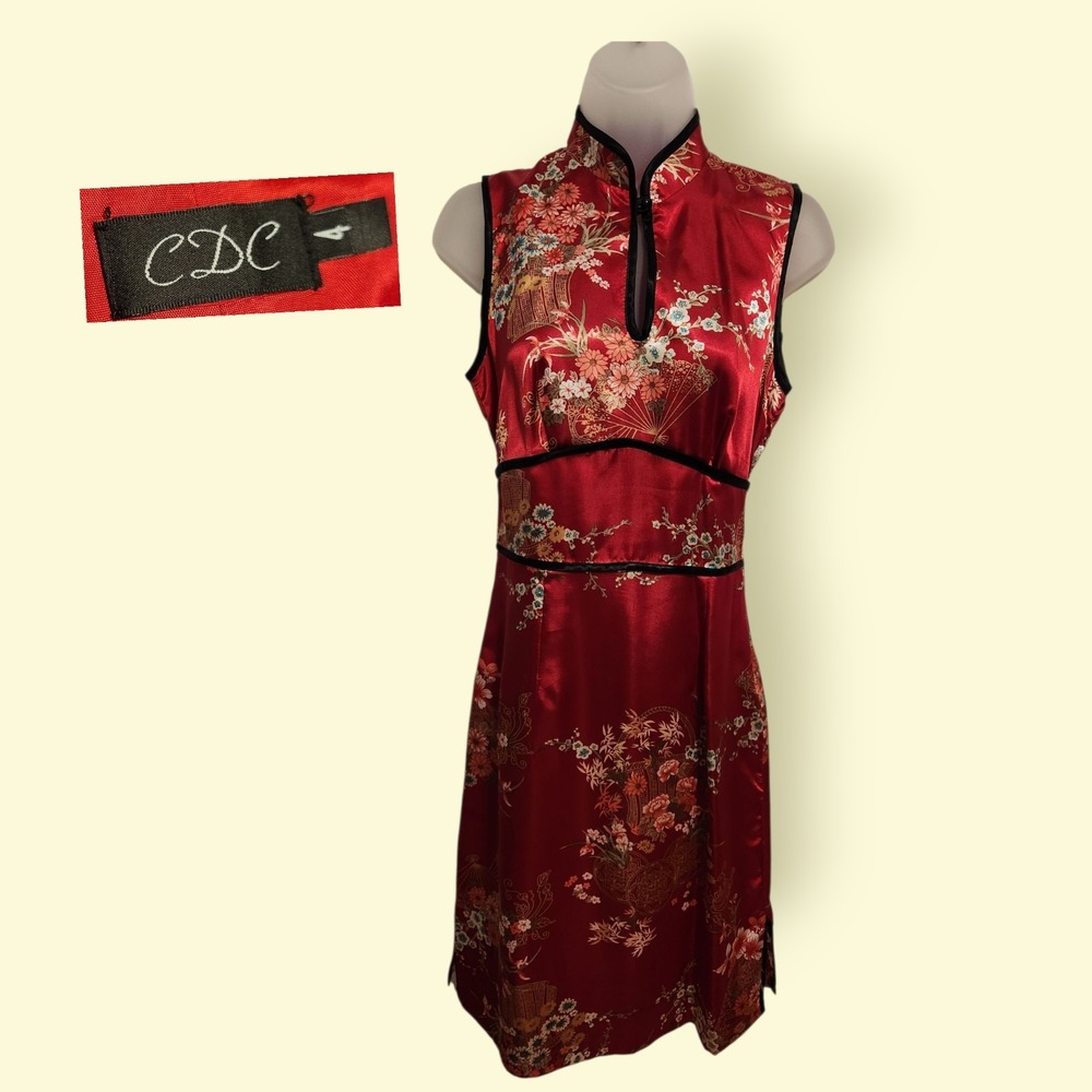 VTG 90s Y2K Red Satin Chinese Cheongsam Qipao Dress CDC Size 4 Floral Print